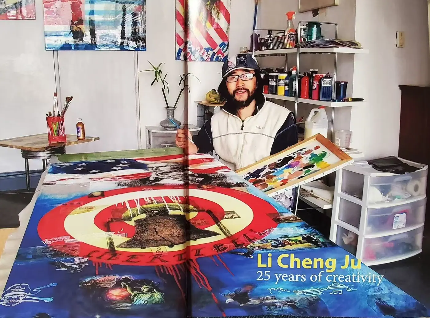 The artist with a large work