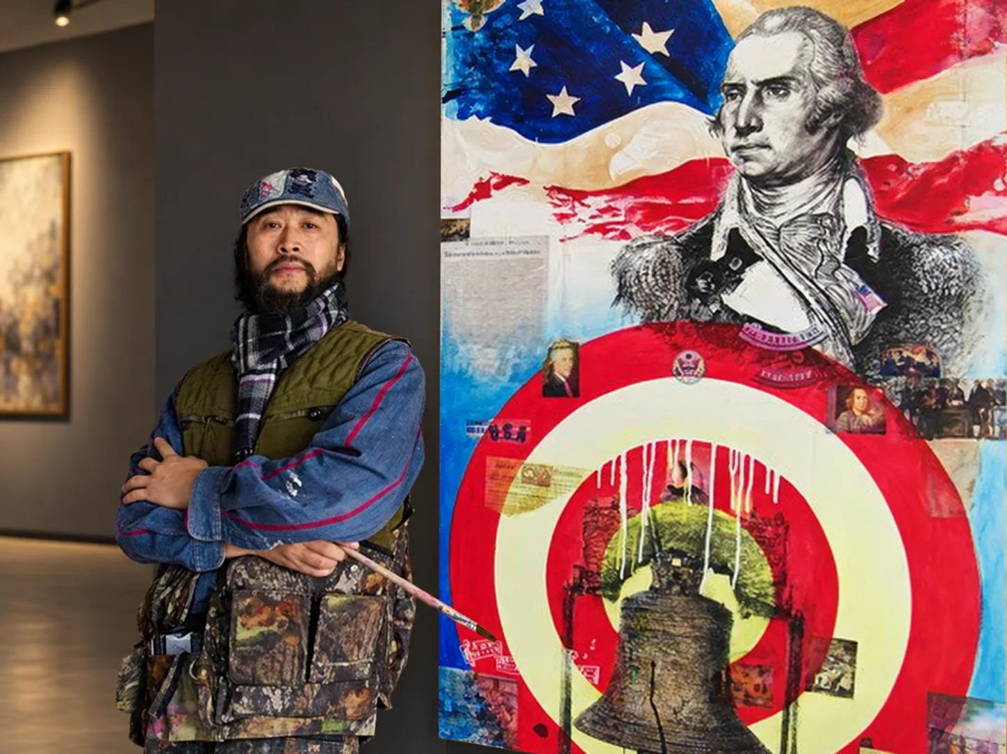 Chengju Li beside his painting George Washington